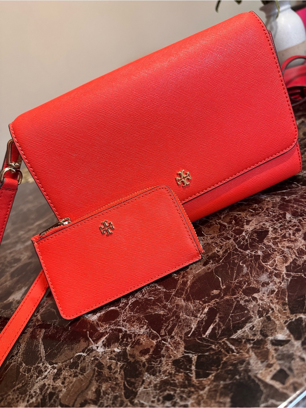 Tory Burch Coral-Red Crossbody with Matching Card Wallet